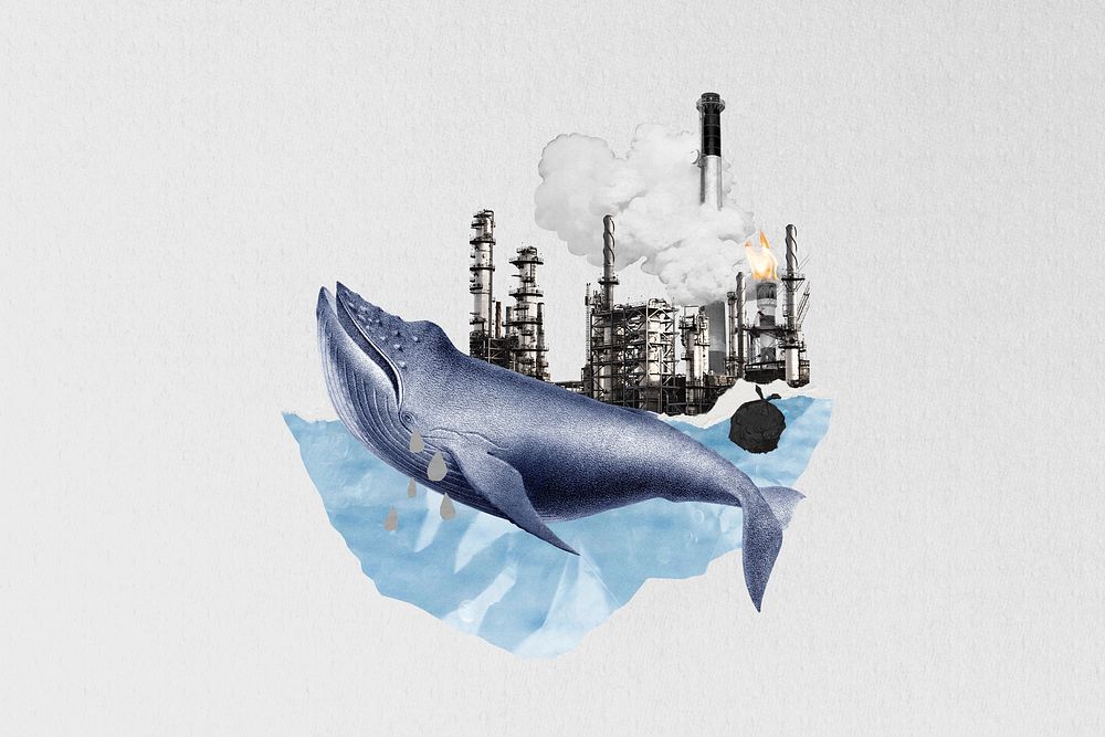 Ocean industrial waste pollution collage illustration