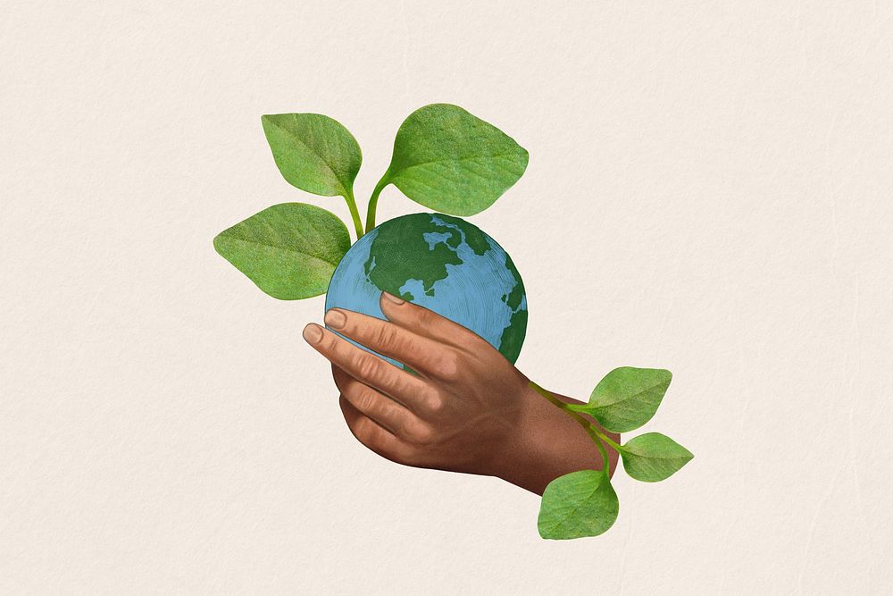 Vintage hand holding globe, environment collage illustration