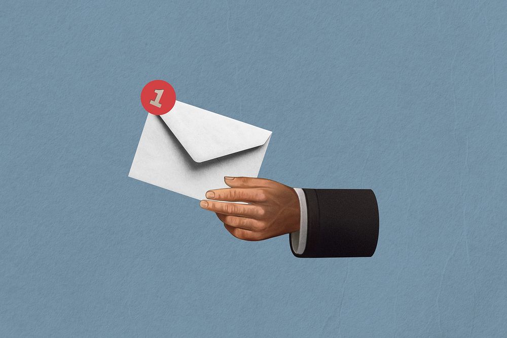Businessman's hand holding envelope, newsletter marketing collage illustration