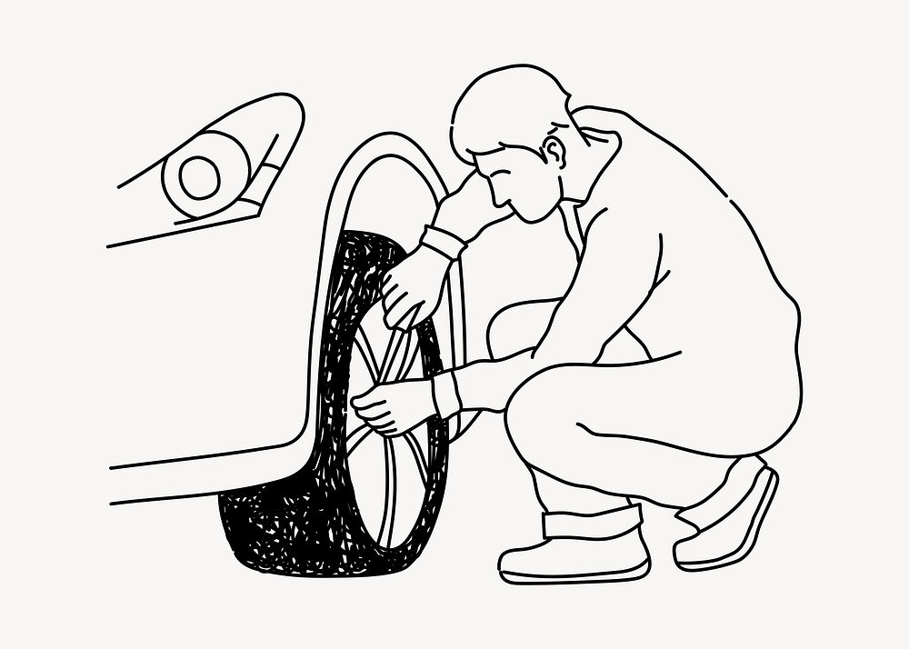 Man checking flat tire doodle illustration vector