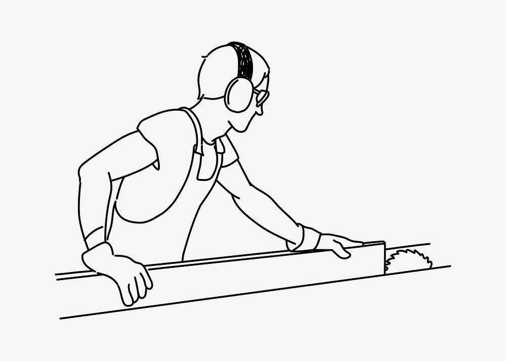 Carpenter cutting wooden plank with electric saw doodle illustration vector