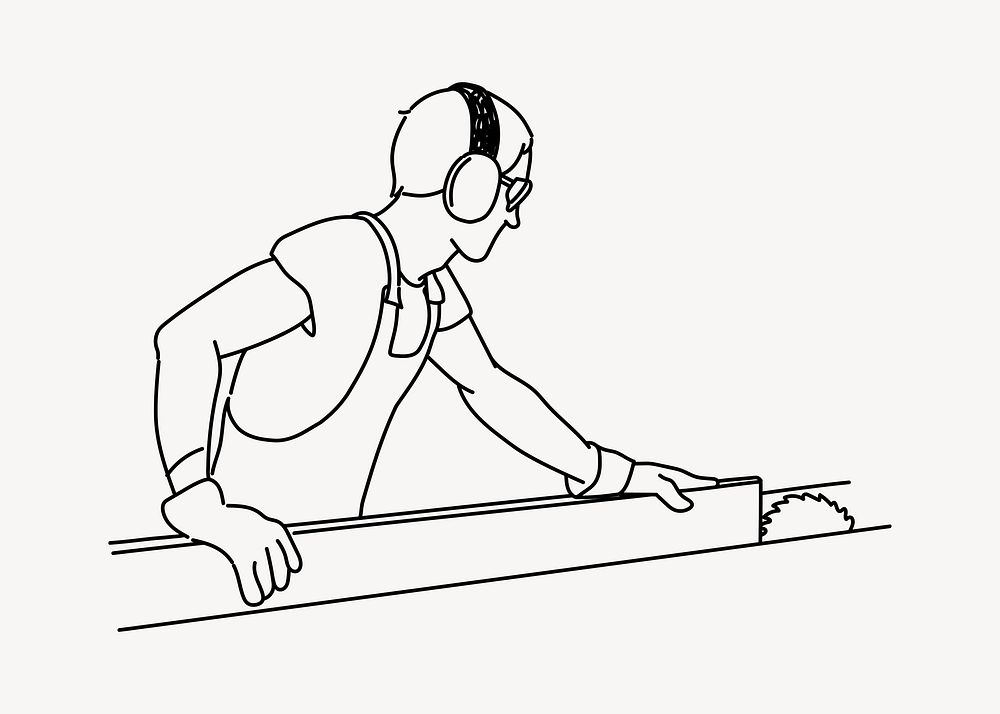 Carpenter cutting wooden plank with electric saw doodle illustration design