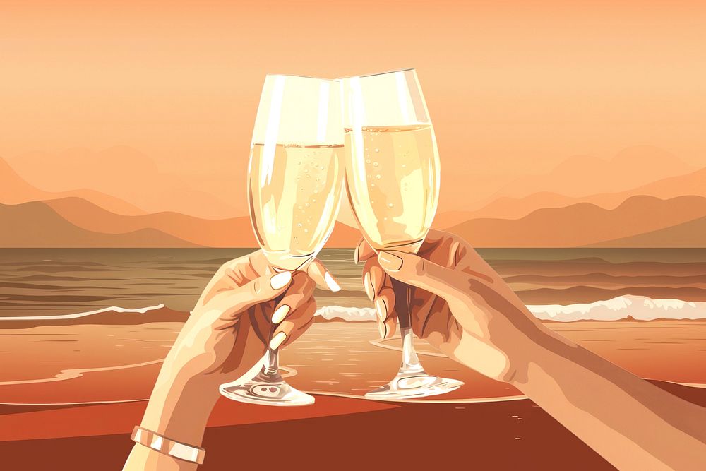 Clinking champagne glasses, aesthetic illustration remix