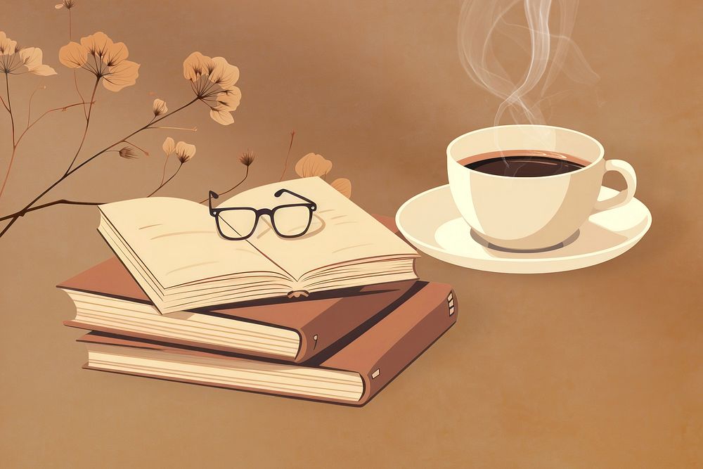 Books and coffee, hobby, aesthetic illustration remix