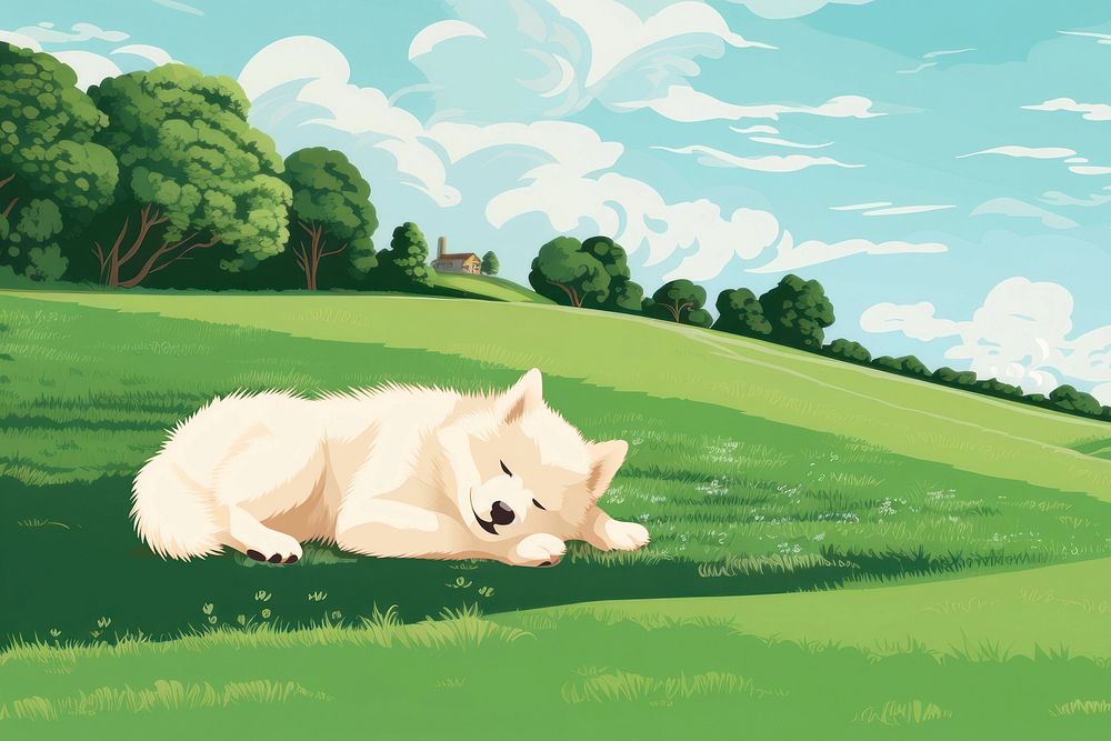 Samoyed dog sleeping, aesthetic illustration remix