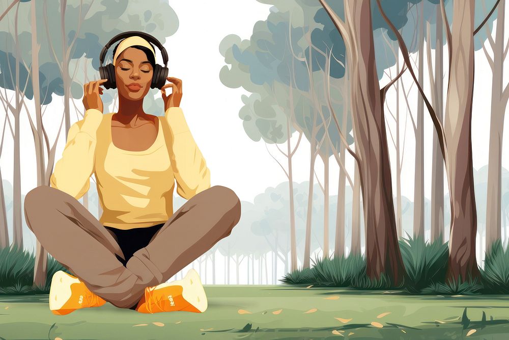 Woman wearing headphones, aesthetic illustration remix