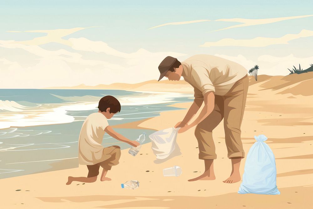 Beach cleanup volunteers, aesthetic illustration remix