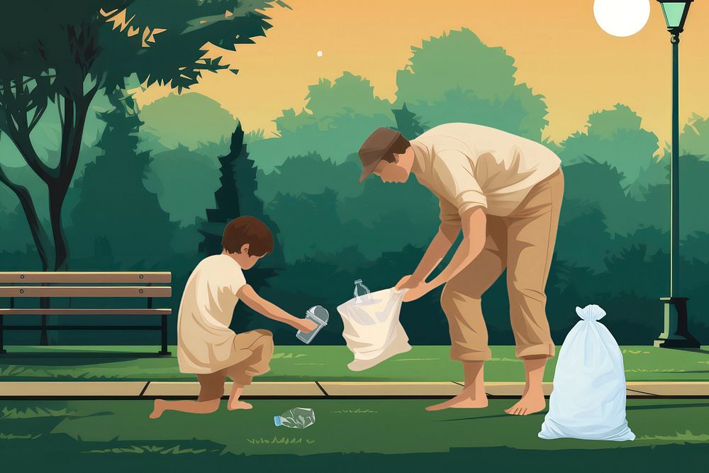 Park cleanup volunteers, aesthetic illustration remix