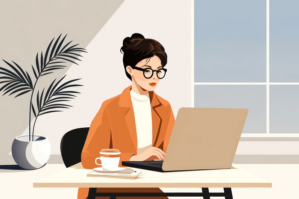 Woman working on laptop, aesthetic illustration remix