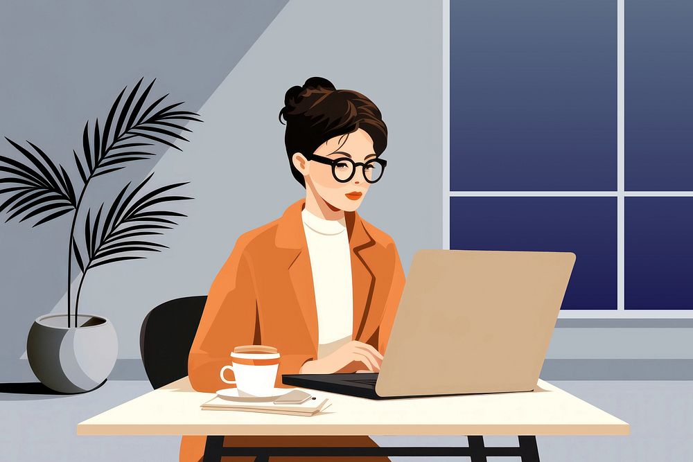 Woman working on laptop, aesthetic illustration remix