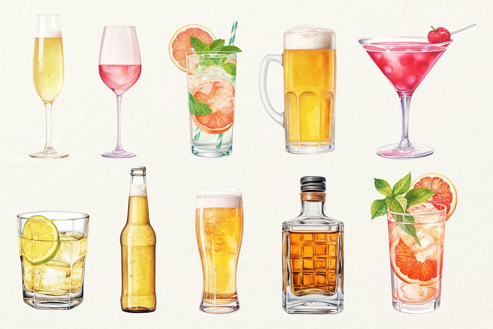 Alcoholic drink, food digital art set