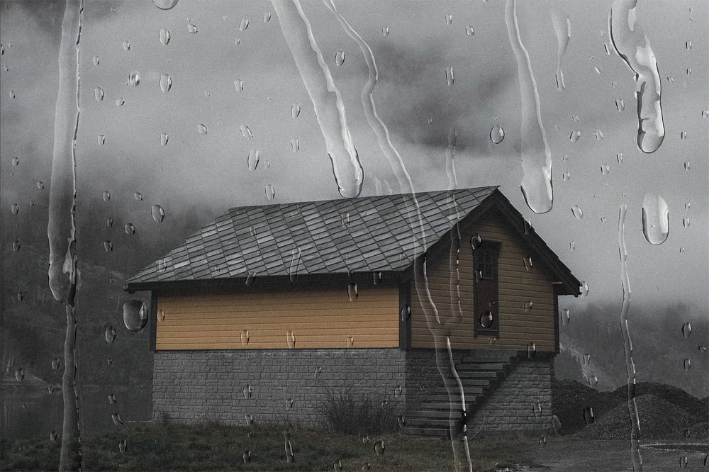 House under gray sky with rain effect
