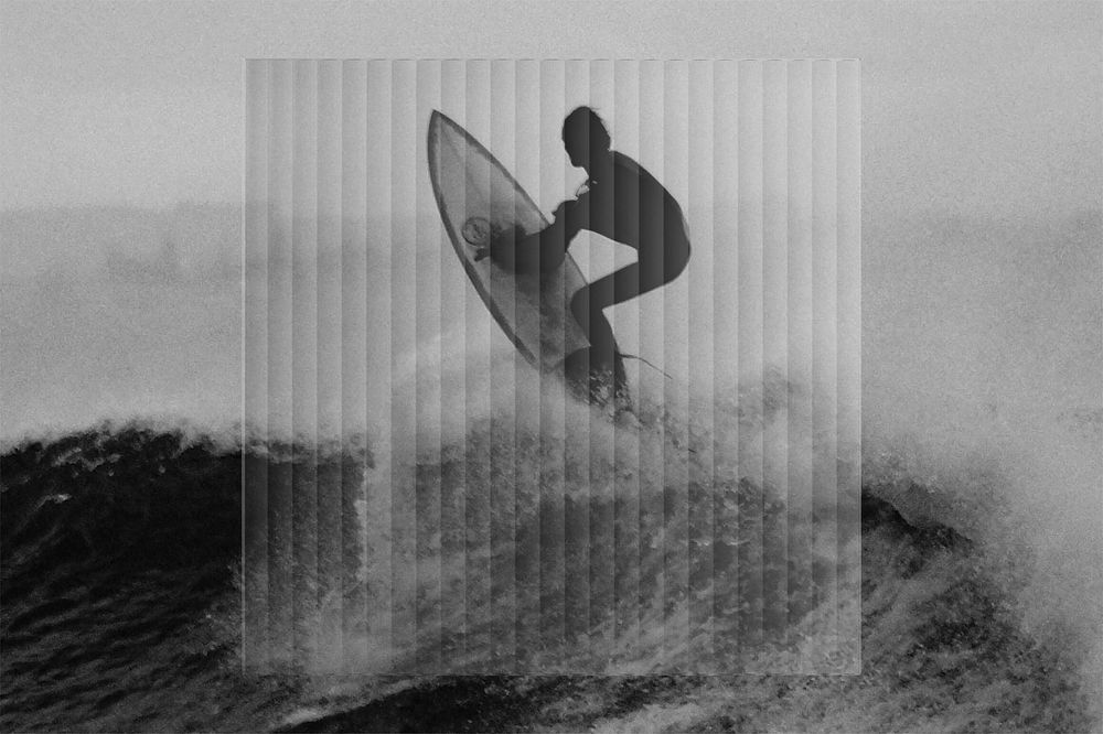 Black and white surfing photo with glass effect