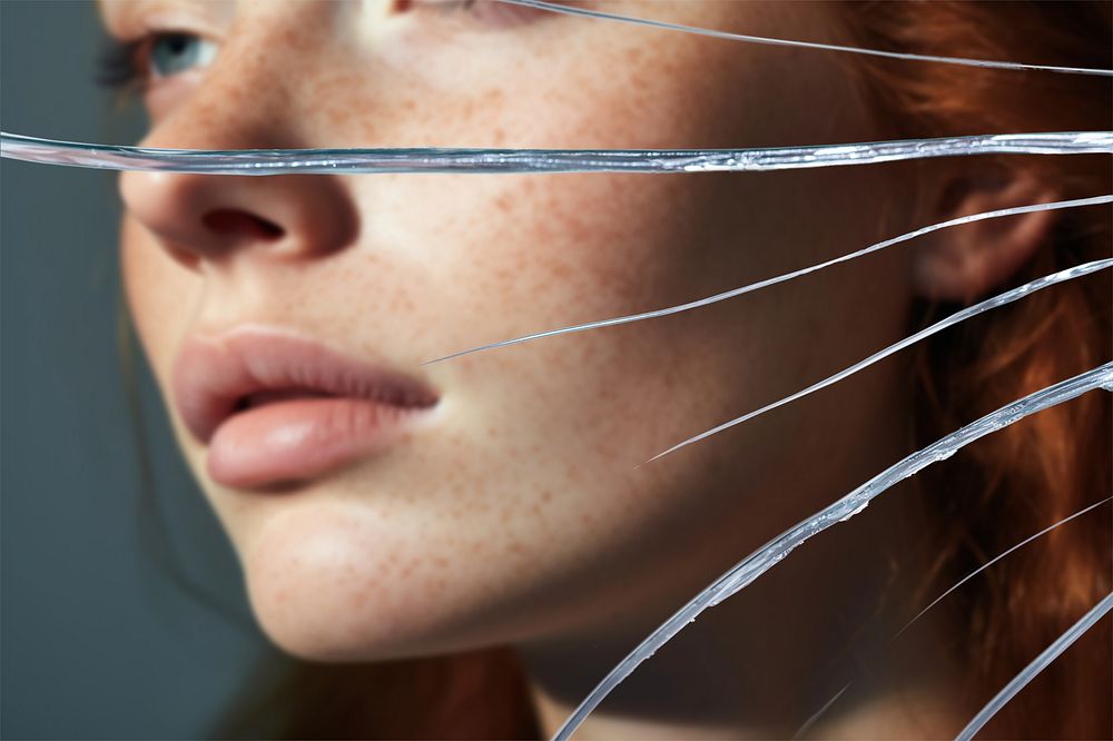 Broken glass woman with freckles