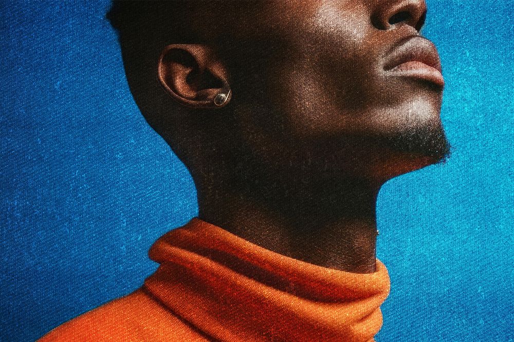 African American man in orange turtleneck, vintage vibes grain design