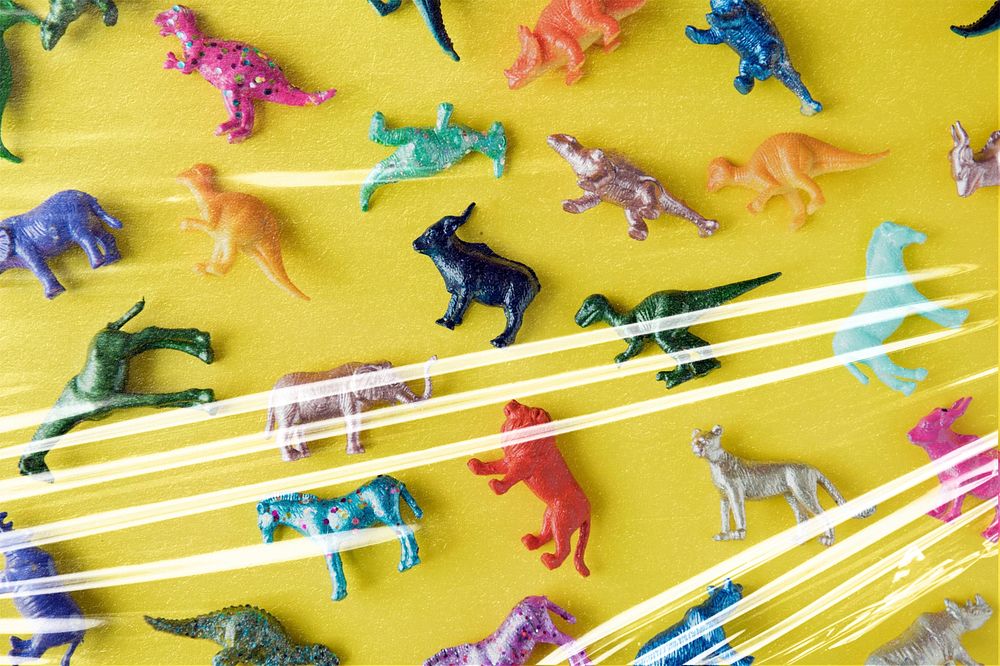 Miniature animals, plastic wrap effect