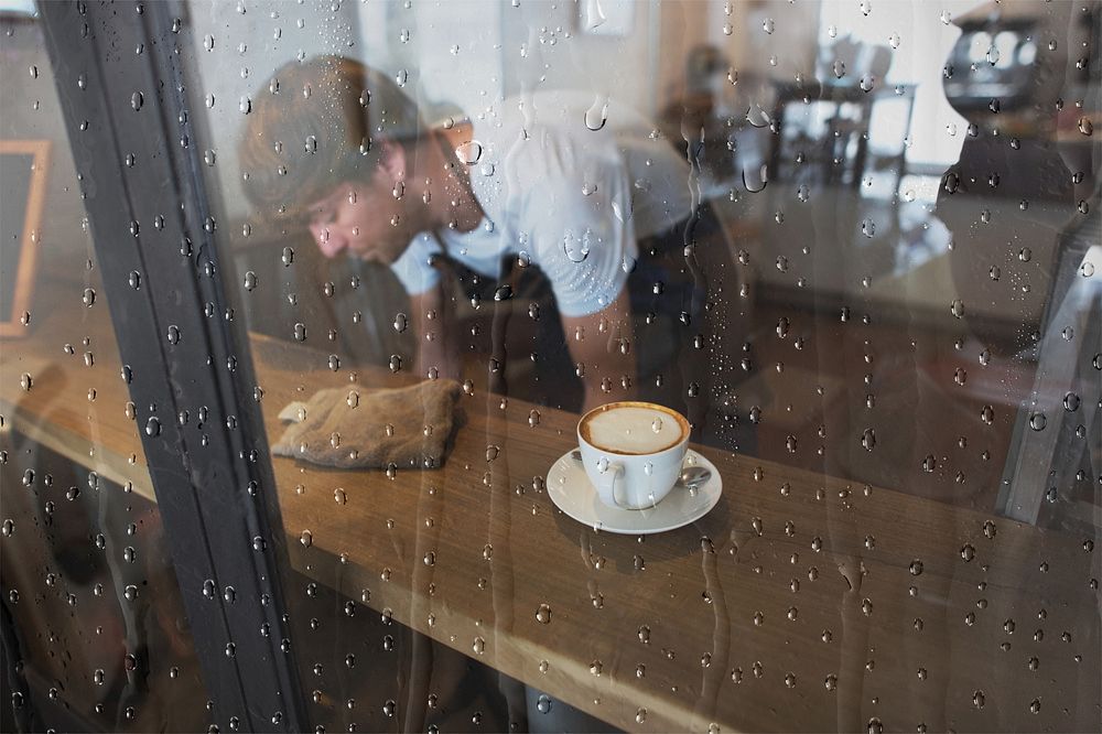 Cafe window with rain effect