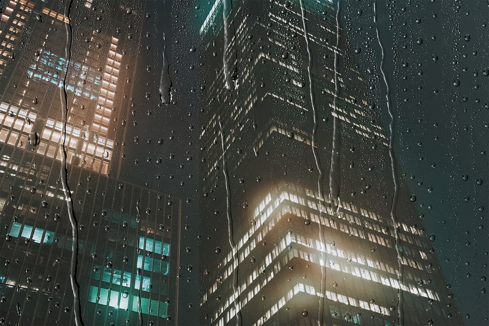 City building with rain effect