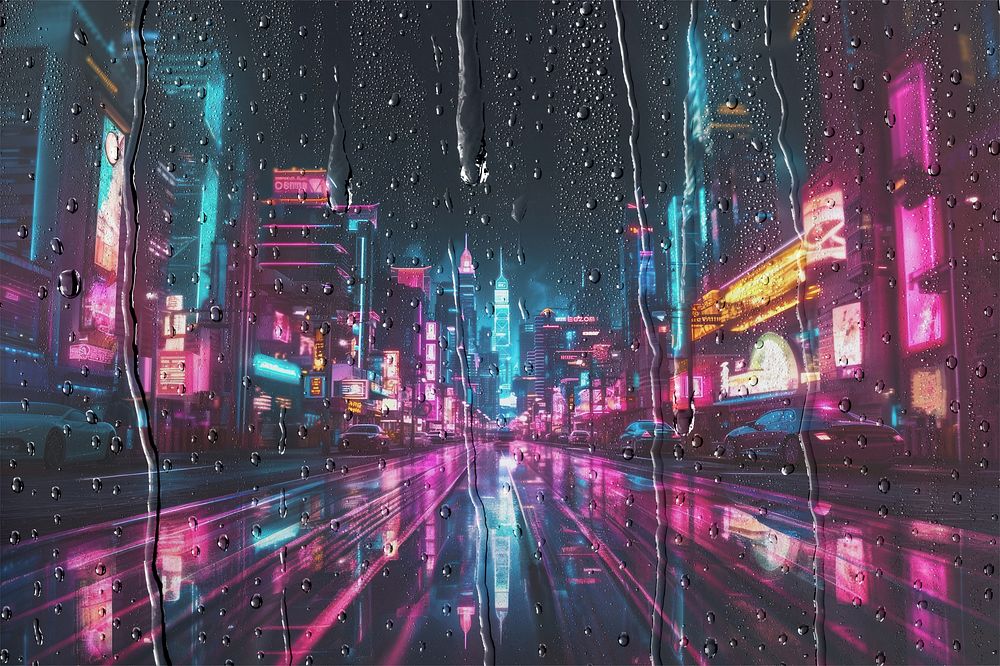 Neon city buildings with rain effect
