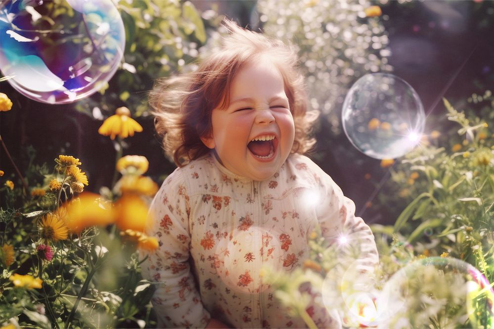 Kid playing bubbles in garden