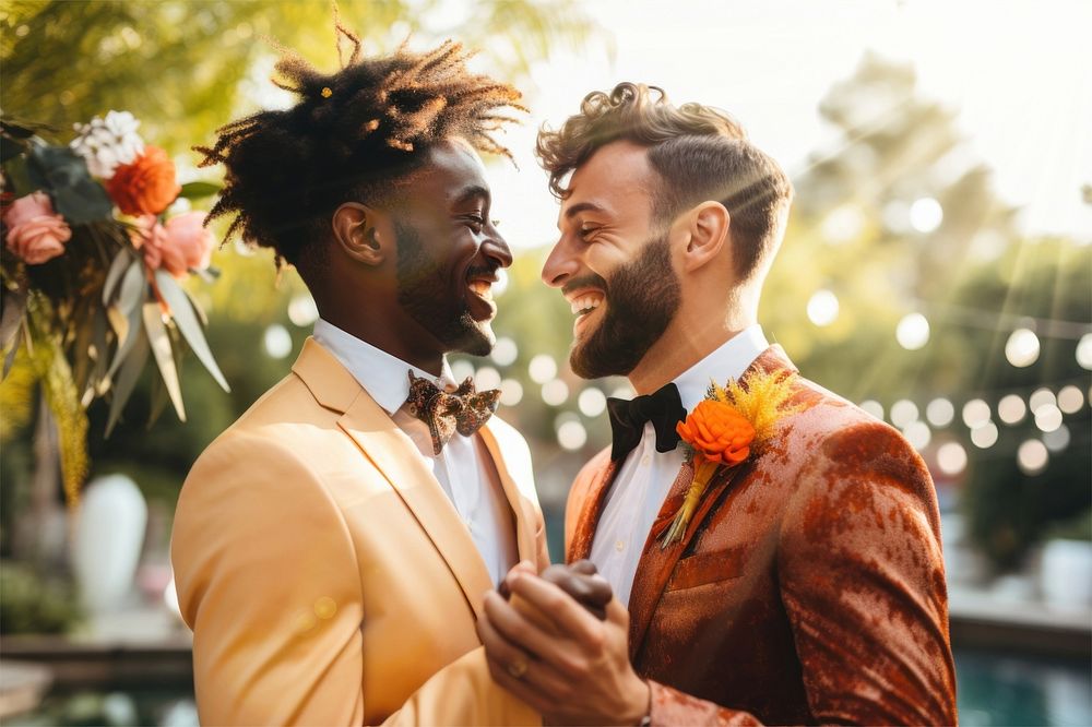 Gay couple dancing in a wedding, natural light