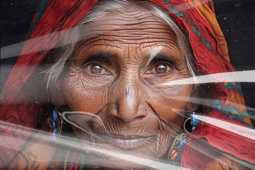 Old tribal woman, plastic wrap texture