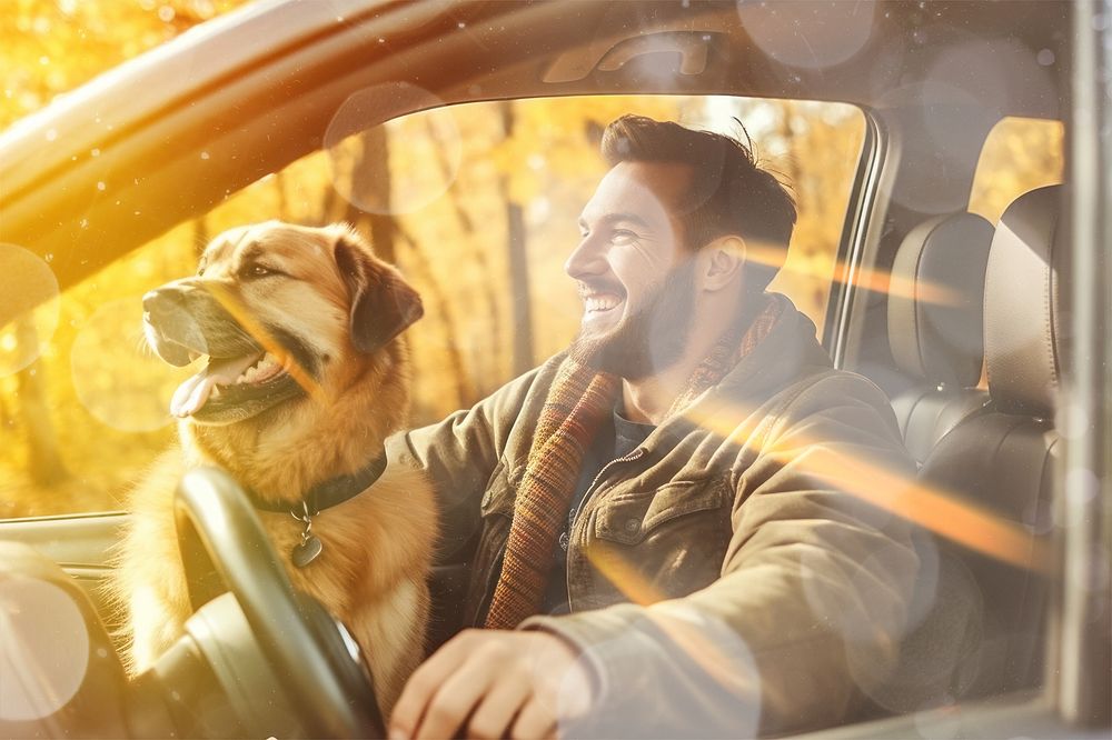 Man with dog on road trip  image with bokeh effect