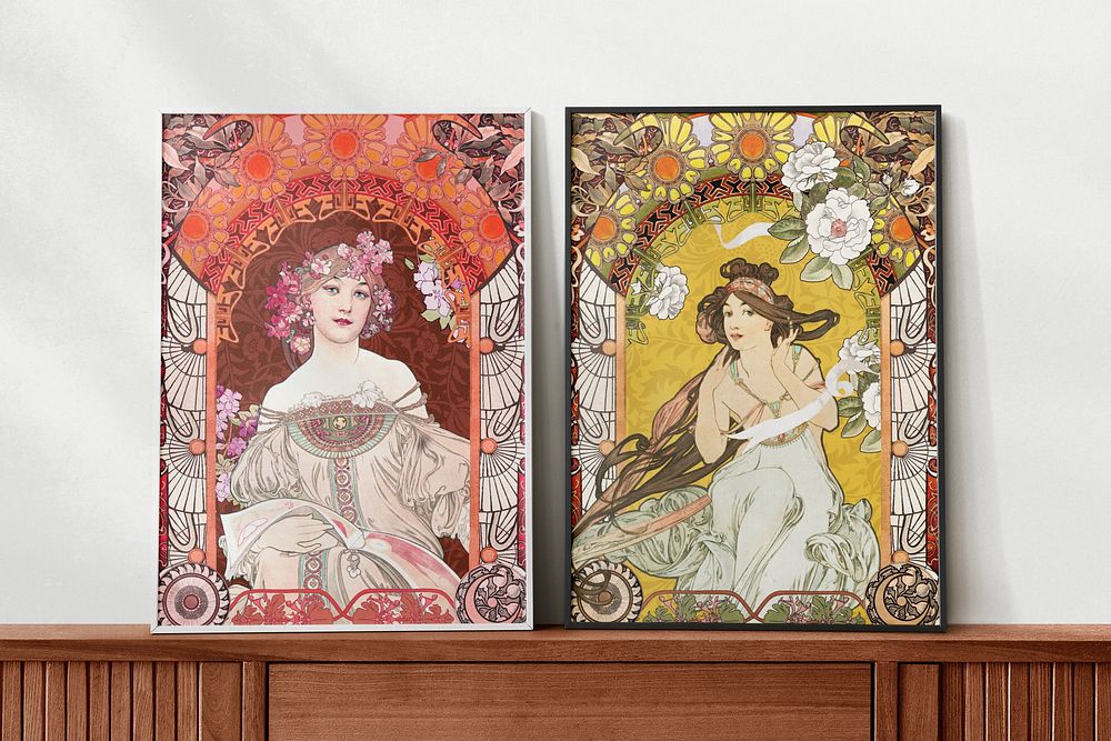 Photo frame mockup, Alphonse Mucha's famous artworks psd. Remixed by rawpixel.