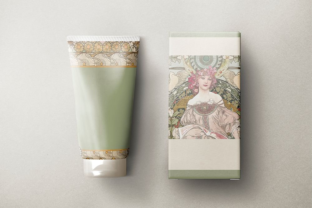 Blank skincare tube, product packaging with Alphonse Mucha's famous artwork. Remixed by rawpixel.