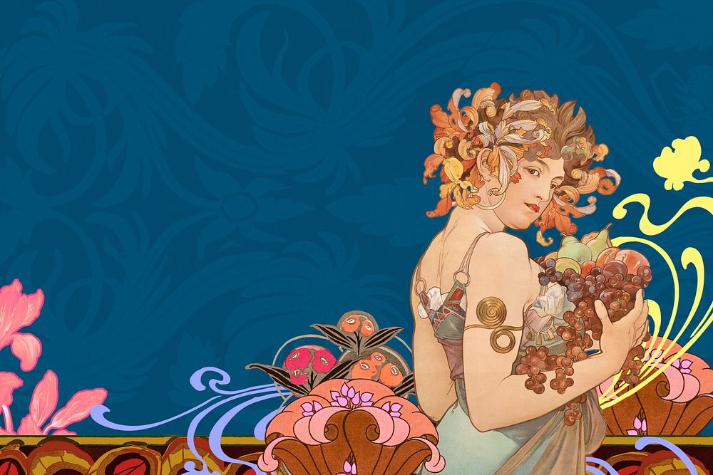 Alphonse Mucha's Fruits background, vintage art nouveau illustration. Remixed by rawpixel.