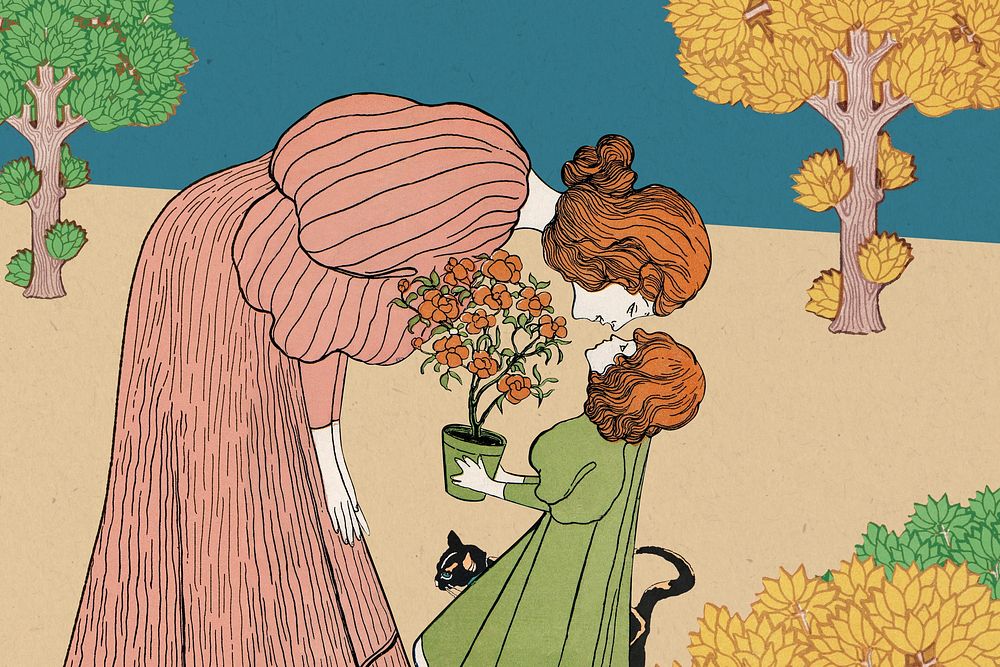 Mother and daughter, Josef Rudolf Witzel's art nouveau illustration. Remixed by rawpixel.