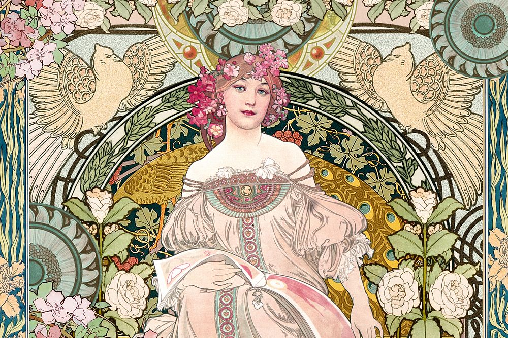 Alphonse Mucha's woman, floral art nouveau illustration. Remixed by rawpixel.