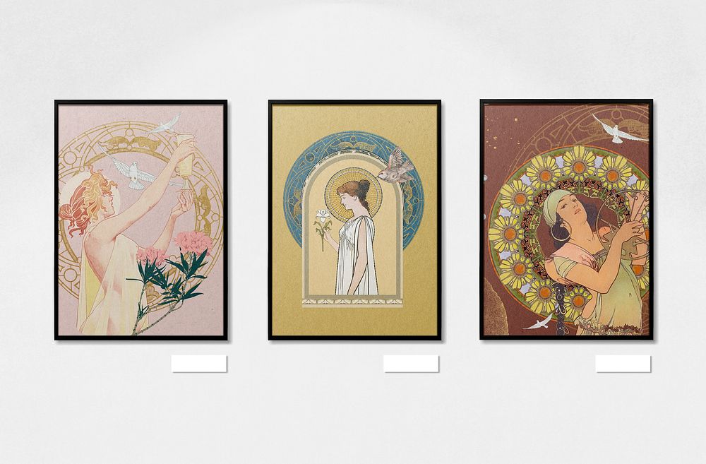 Art exhibition frame mockup, Alphonse Mucha's famous artworks psd. Remixed by rawpixel.