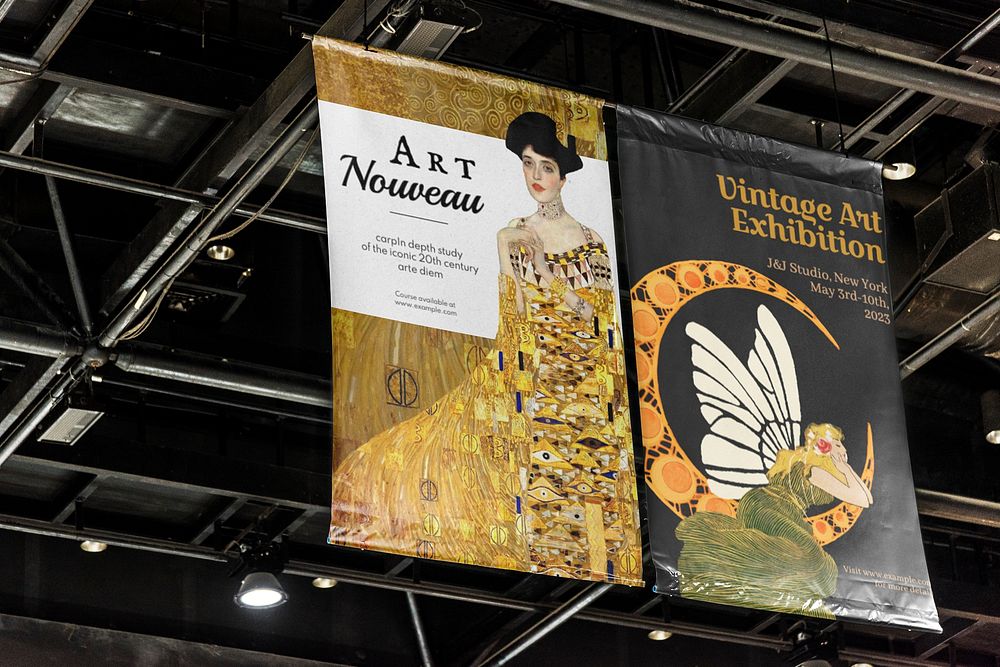 Exhibition ceiling banner mockup, inspired by vintage artworks psd. Remixed by rawpixel.