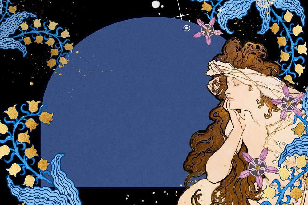 Alphonse Mucha's woman frame background, vintage art nouveau illustration. Remixed by rawpixel.