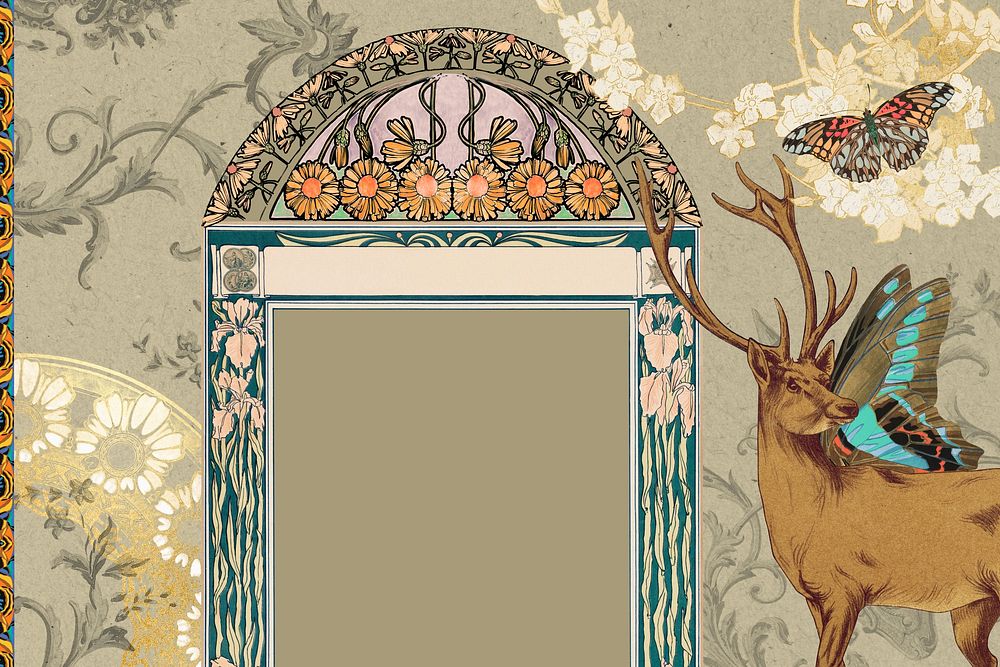 Floral deer frame background, vintage art nouveau illustration. Remixed by rawpixel.