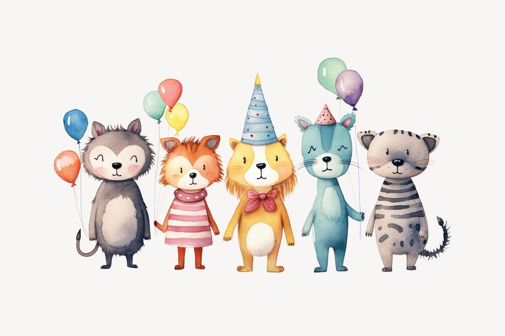Birthday party animal cartoon, watercolor illustration remix