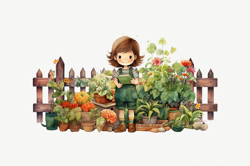 Little girl in garden, watercolor collage element psd