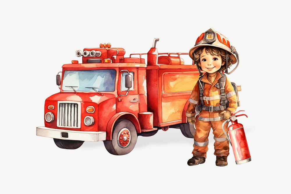 Little firefighter, watercolor collage element psd