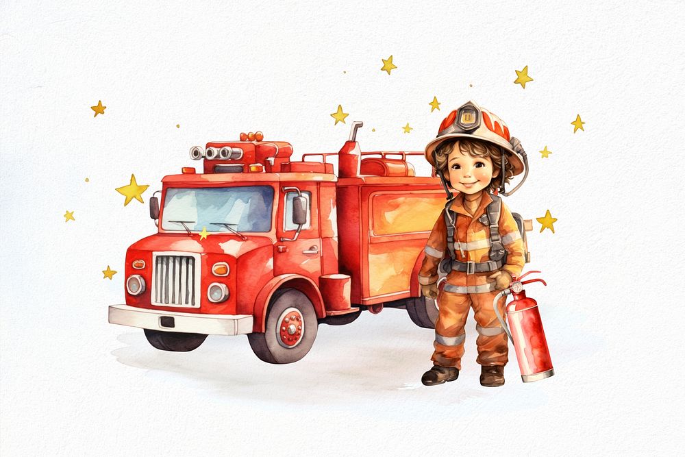 Little boy in firefighter uniform, watercolor illustration remix