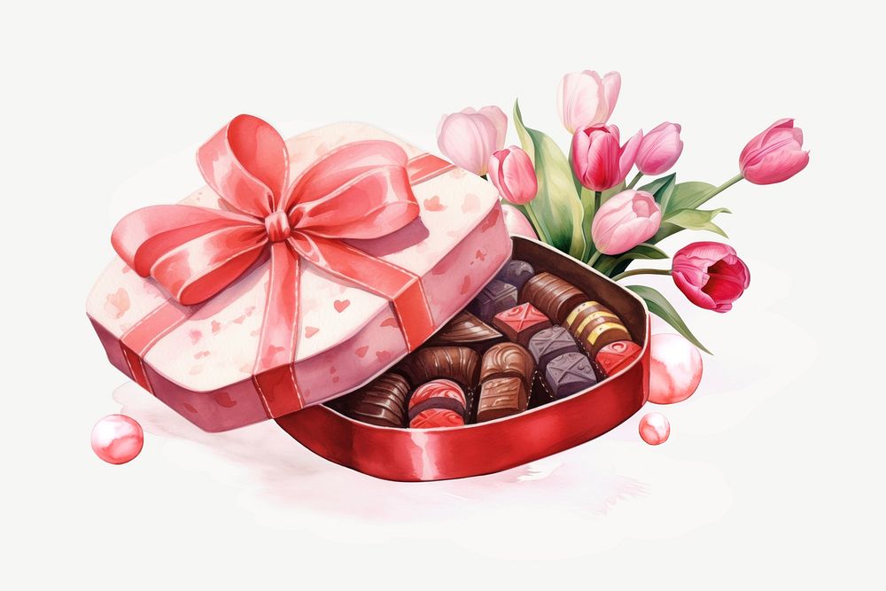 Valentine's chocolate box, watercolor collage element psd