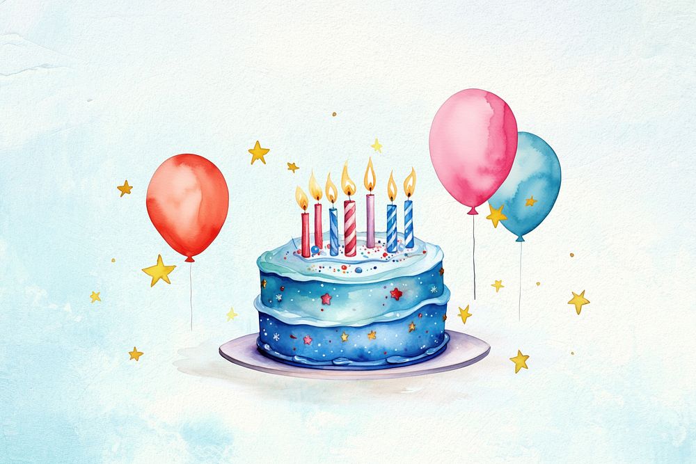 Blue birthday cake, watercolor illustration remix