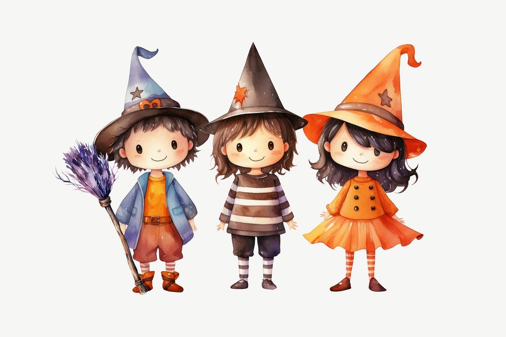 Little witch and wizard, watercolor collage element psd