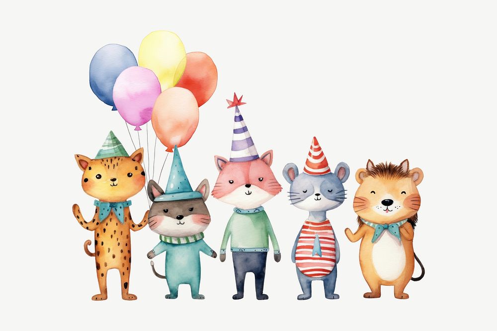 Cute birthday animal cartoon, watercolor collage element psd