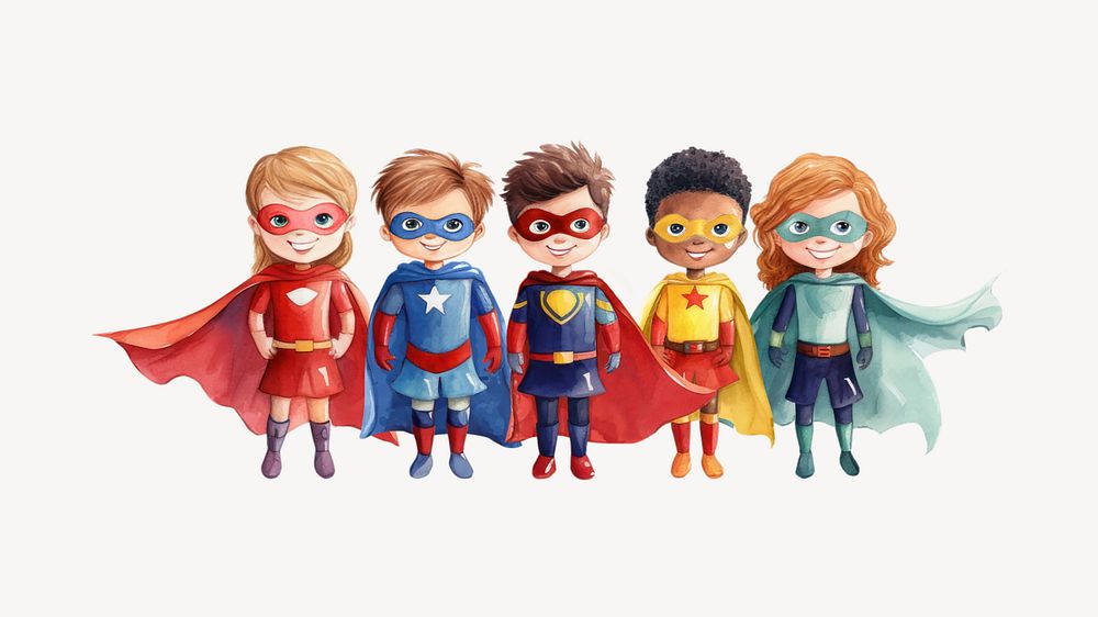 Diverse little superheroes, watercolor illustration remix