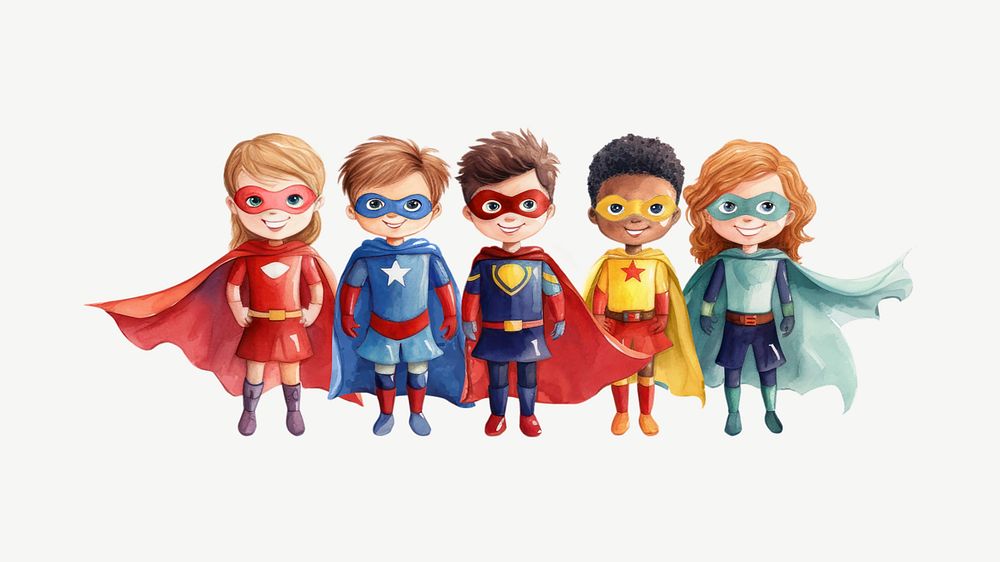 Diverse little superheroes, watercolor collage element psd