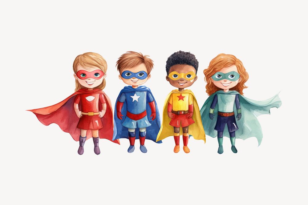 Diverse little superheroes, watercolor illustration remix