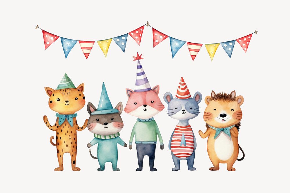 Birthday animal cartoon, watercolor illustration remix