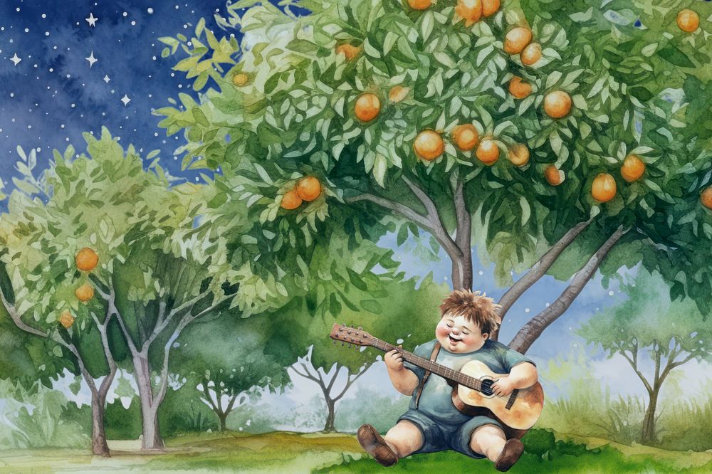 Little chubby boy playing guitar, watercolor illustration remix