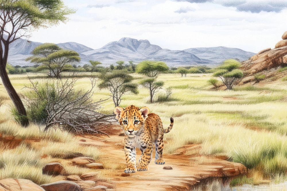 Little tiger in the wild, watercolor illustration remix